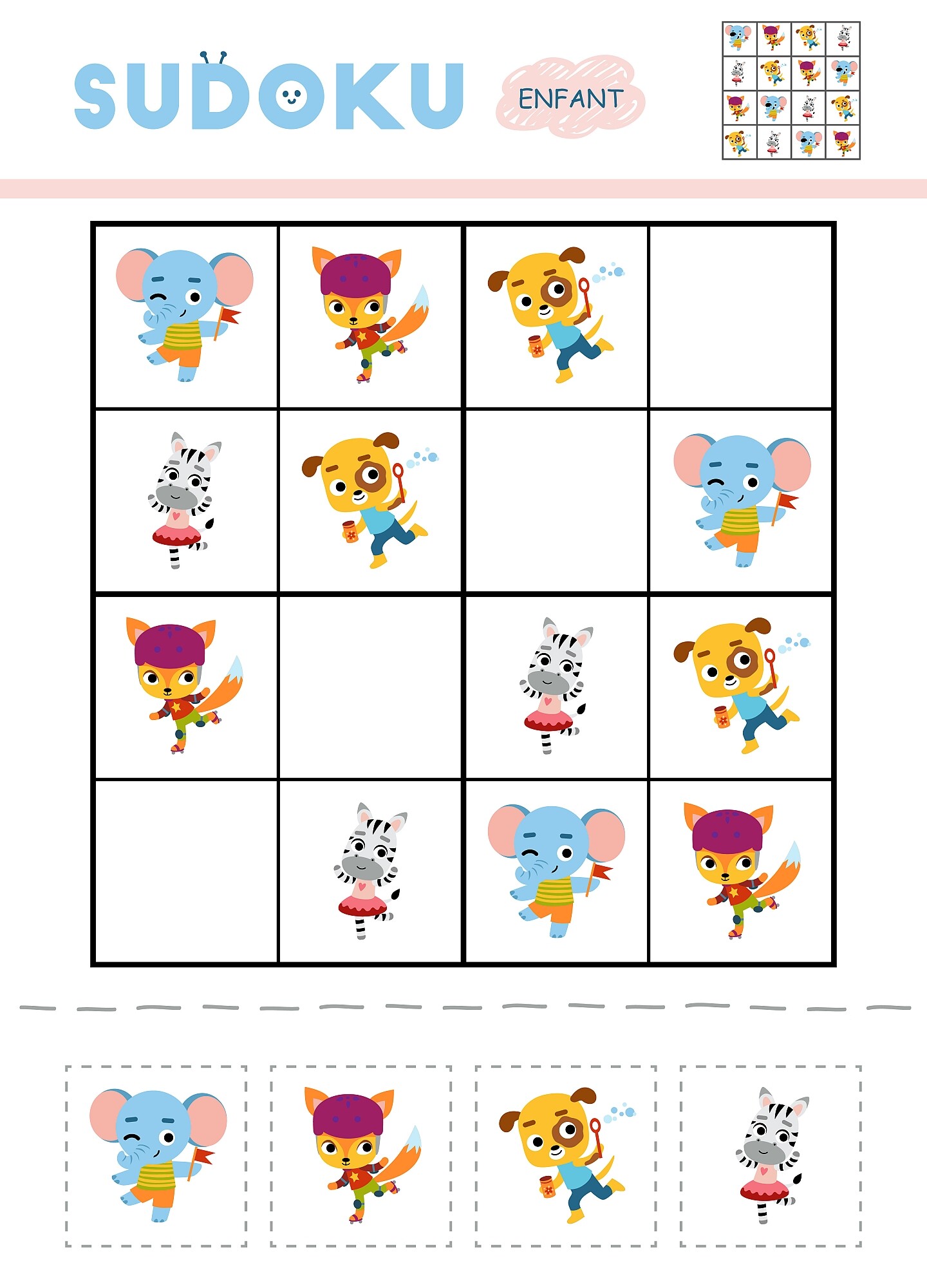 Atelier Montessori : Sudoku pour enfant à imprimer 16 cases - Têtes d' animaux